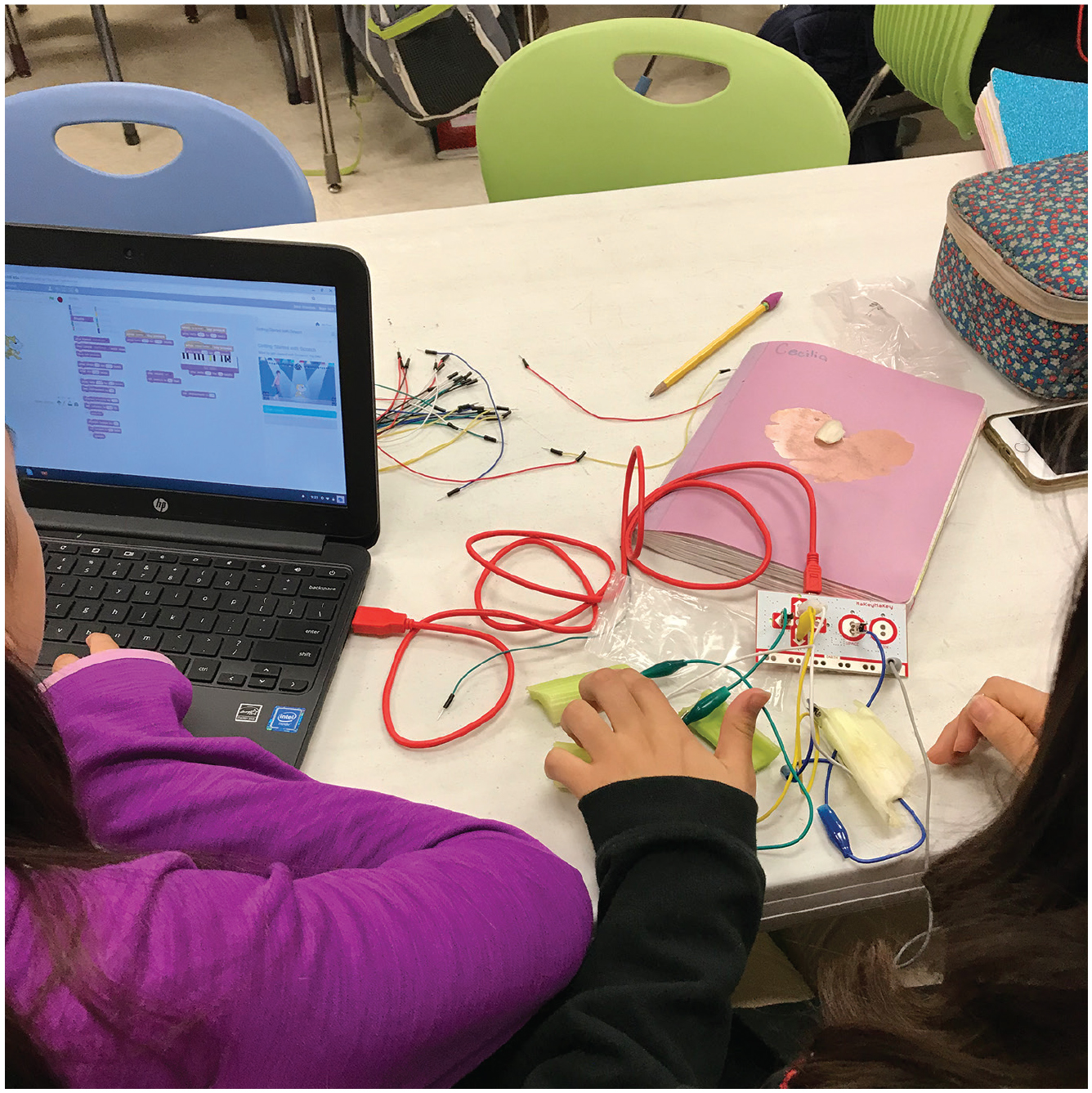 Students make musical celery with Scratch and Makey Makey.
