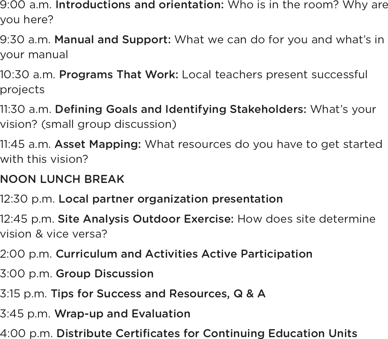 Sample agenda for formal seven-hour workshop.