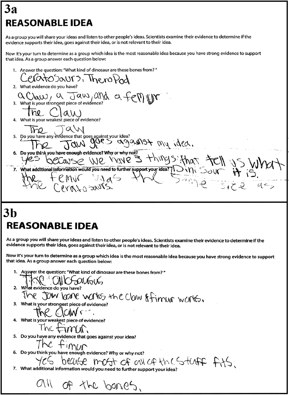 Sample student notes about how collected evidence supports their arguments about the type or species of dinosaur, prepared without critical thinking documentation support