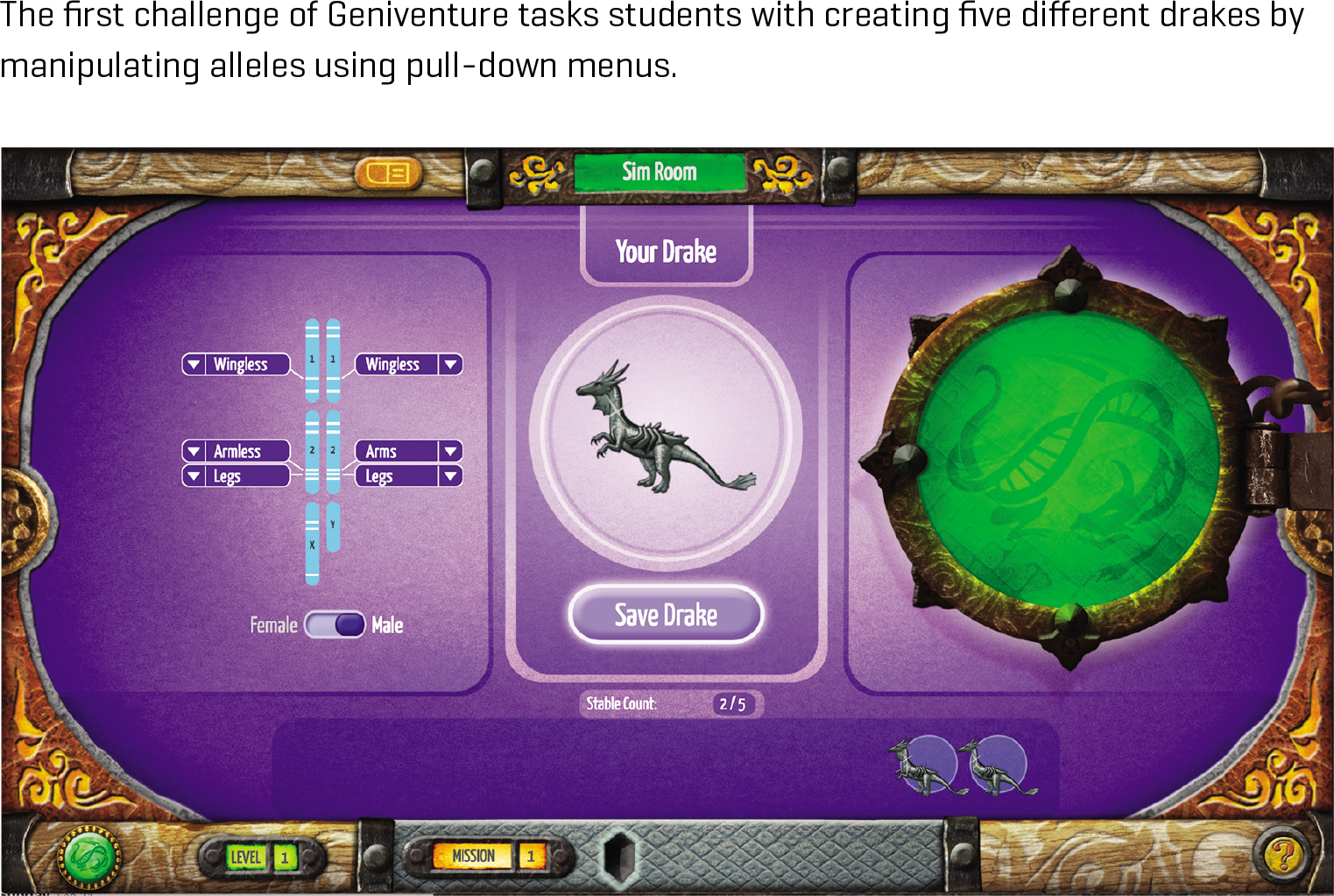 The first challenge of Geniventure tasks students with creating five different drakes by manipulating alleles using pull-down menus