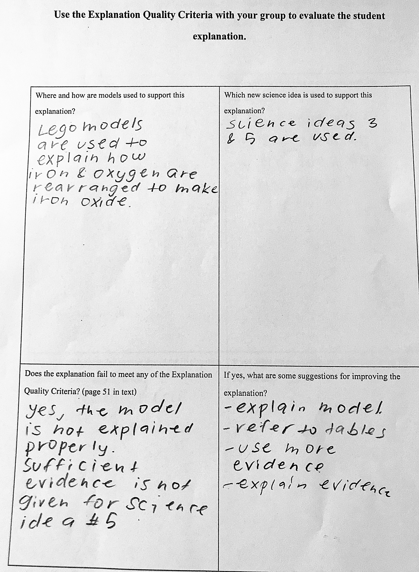 Student example of the explanation quality criteria