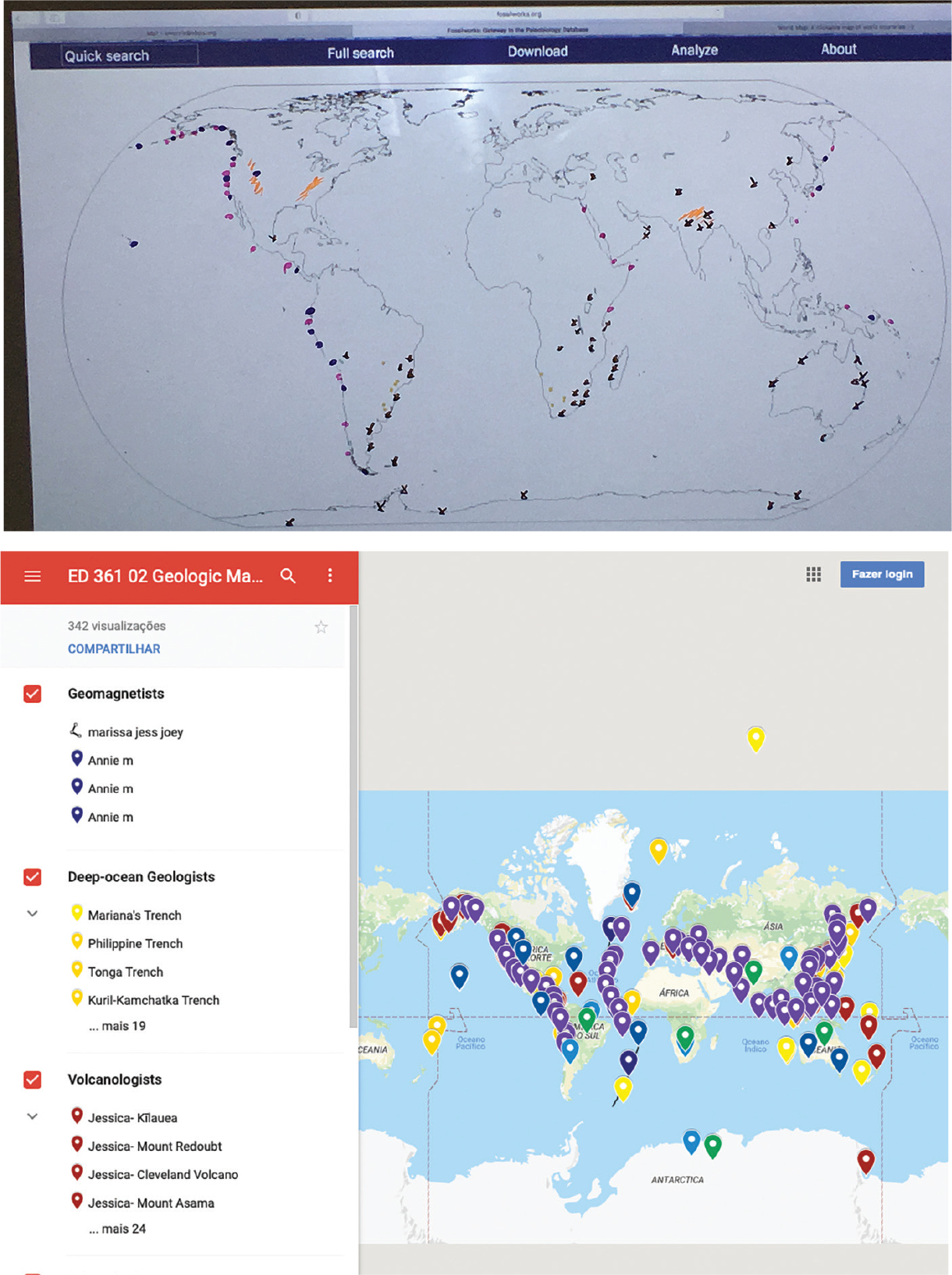 (top) Student map in progress using markers  and whiteboard; (bottom) Student map using Google Maps