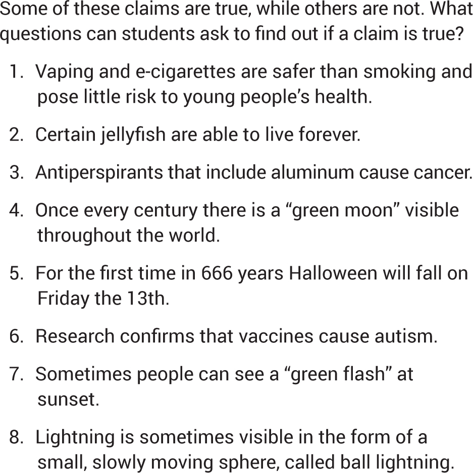 Scientific claims for student assignments.