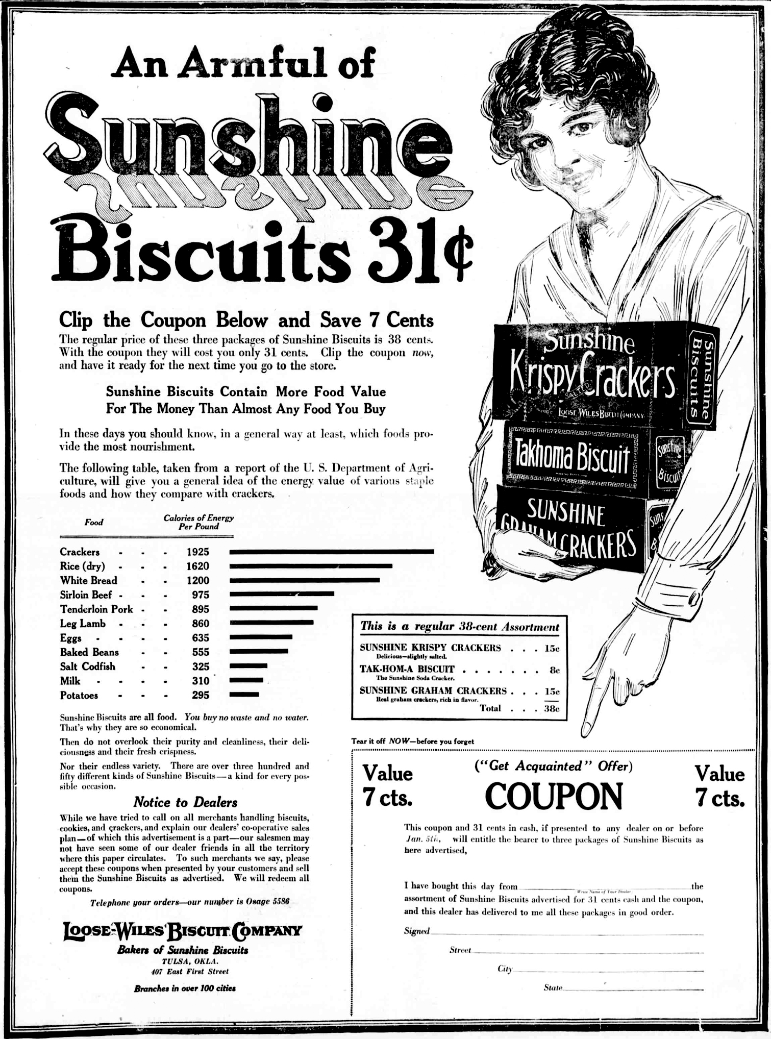 1917 Sunshine Biscuits advertisement from The Tulsa Daily World