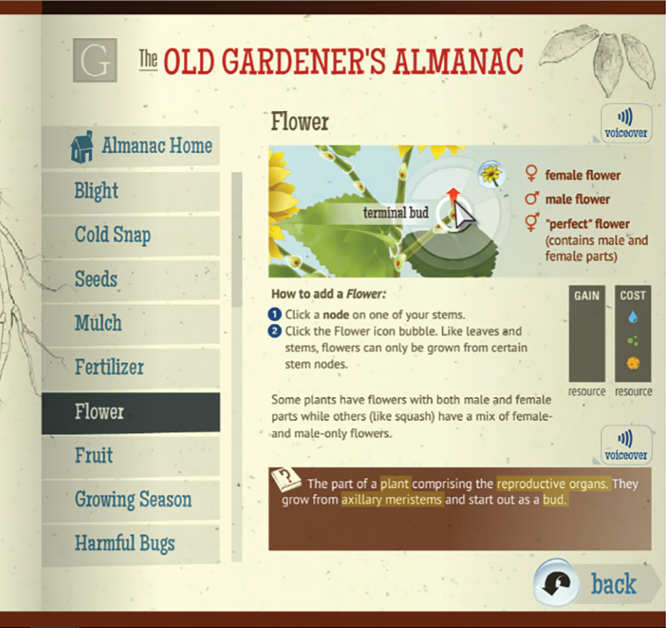 The Almanac in Reach for the Sun is a resource for players who are trying to learn how to keep their plant flowering long enough to reproduce.