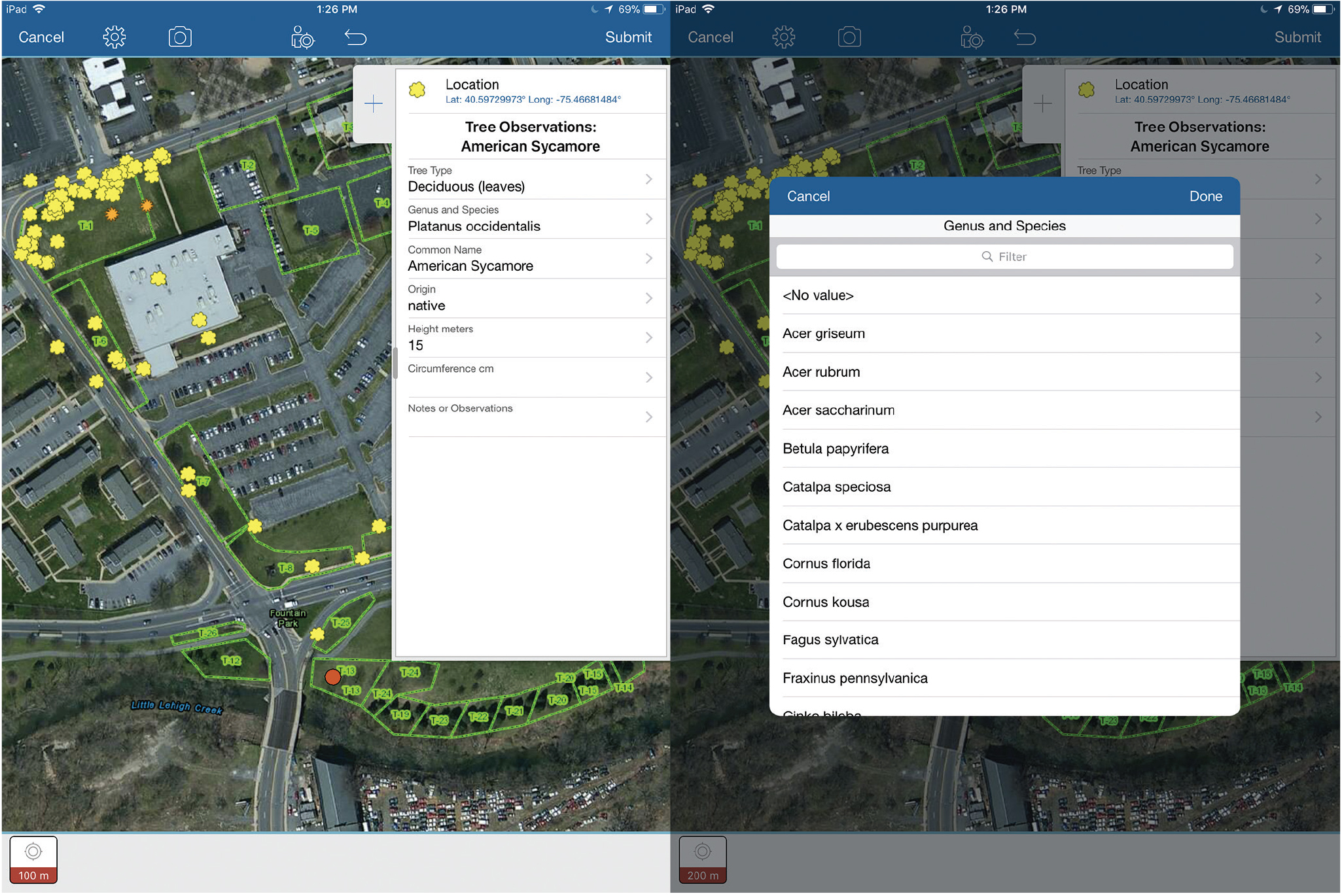Esri Collector app user interface showing data entry fields. Selecting the Genus and Species option opens a customized list shown on the right. Other fields are manually filled by each student.
