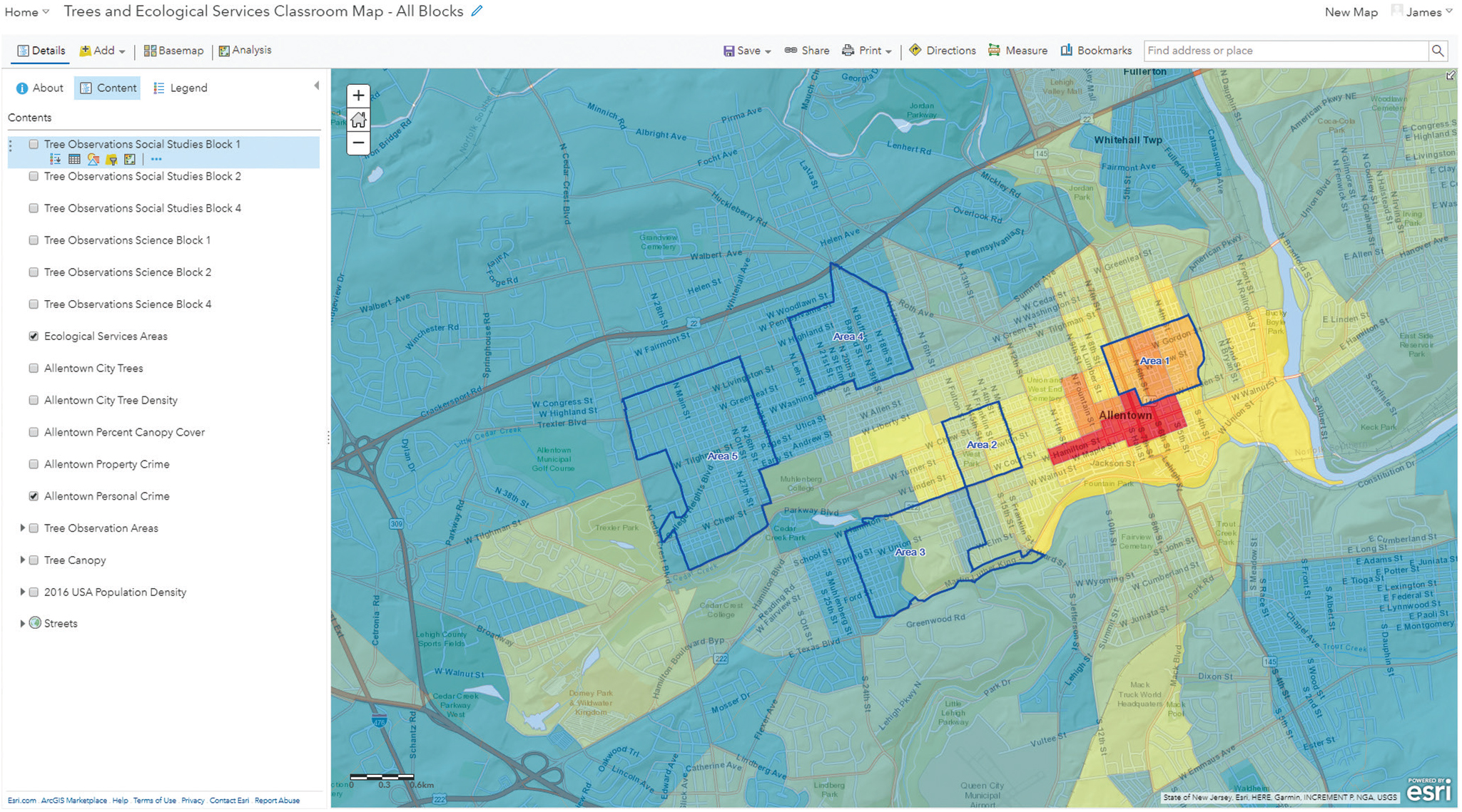 ArcGIS Online user interface showing crime data colored from blue (lower than national average) to red (higher than national average). 