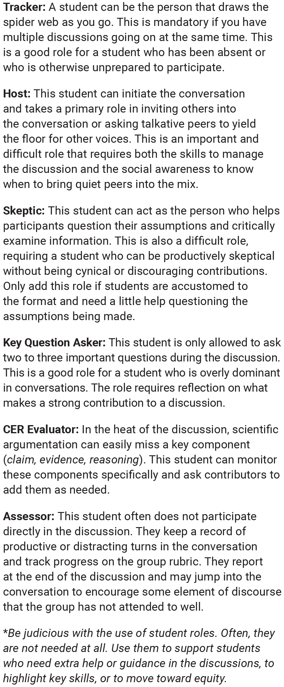 Student roles that can be assigned for the discussions