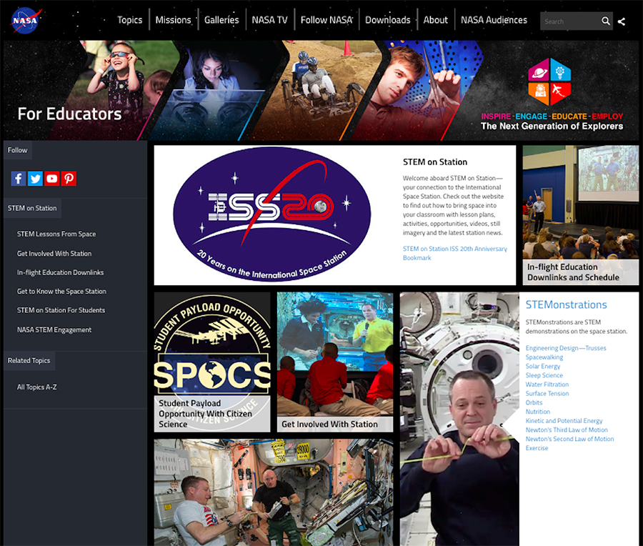 A screenshot of the “For Educators” section of the NASA STEM on Station Website.