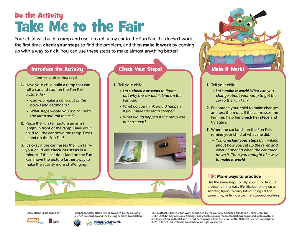 In the printable hands-on activity, “Take Me to the Fair,” children use the debugging process to build a ramp and use it to get a toy car to a target.