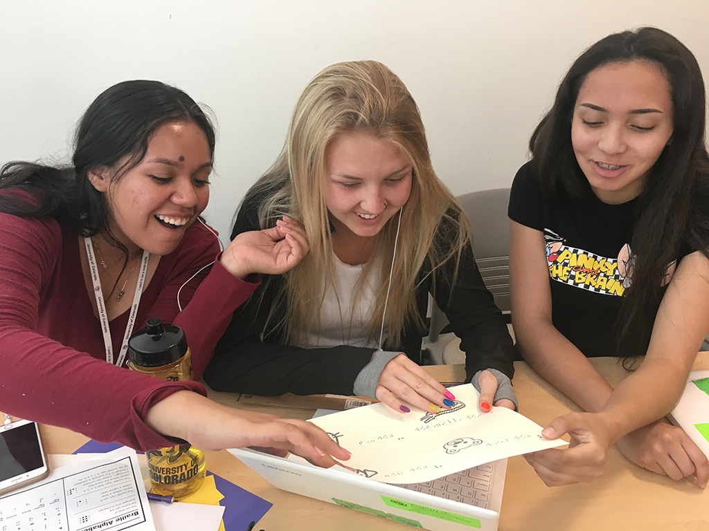 Precollegiate students in a university summer program react to the tactile version of their alphabet book, designed in Adobe Illustrator and created with swell paper run through a PIAF (Picture-in-a-Flash) machine.