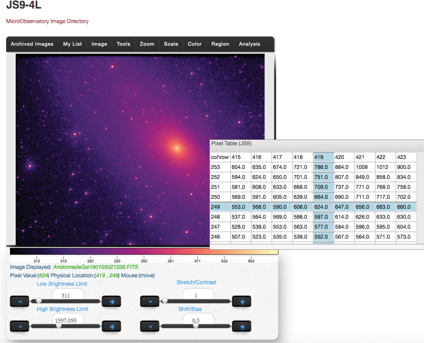 The JS9-4L image processing tool allows students to see the raw data behind their visualized image.