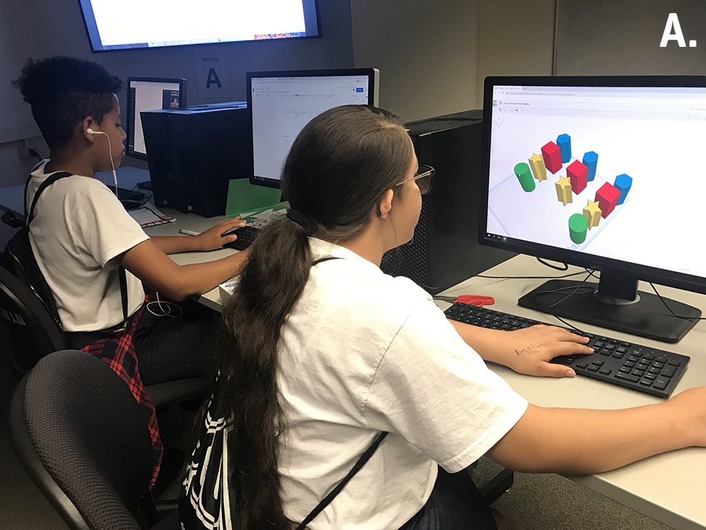 Middle school participants in a BBB summer program use Tinkercad to 3-D–model tactile game pieces
