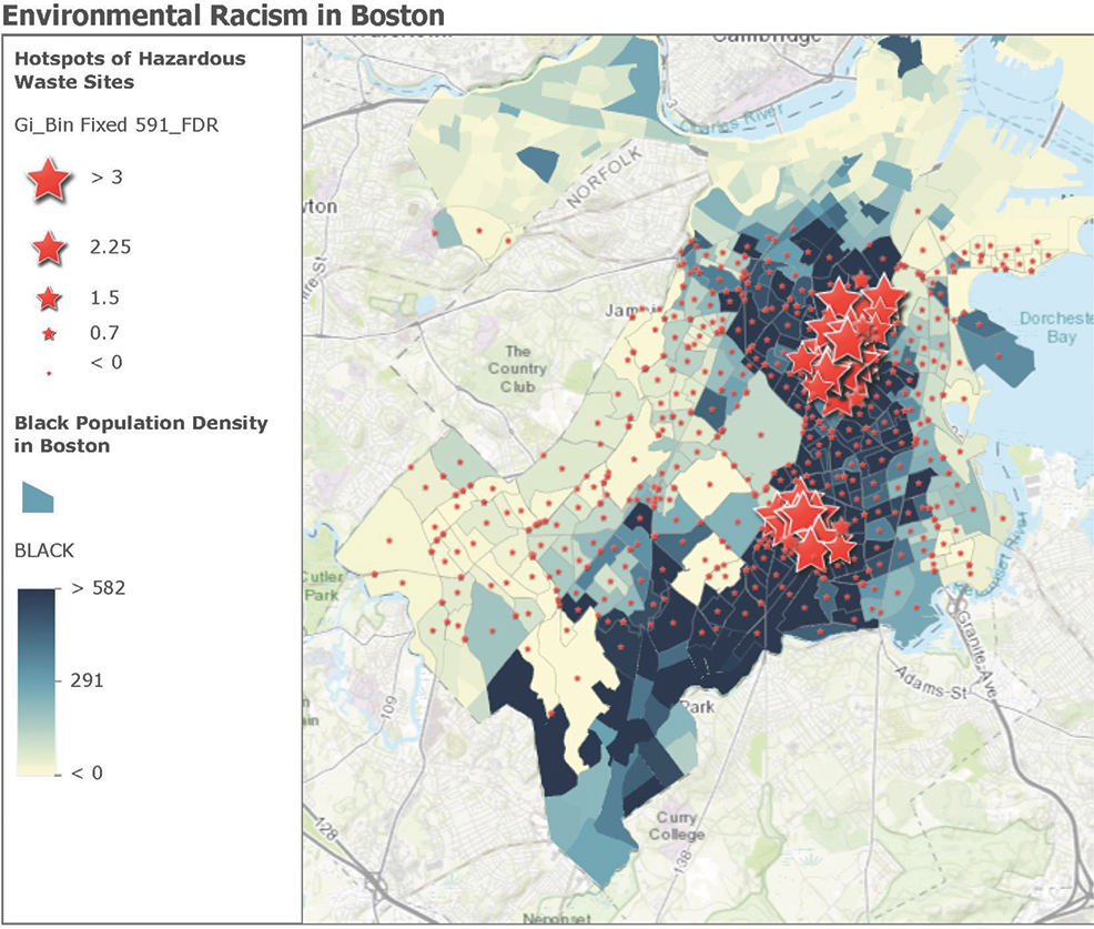 Map of Boston displaying Black population density and hazardous waste hotspots (map courtesy of Erin Duffer)