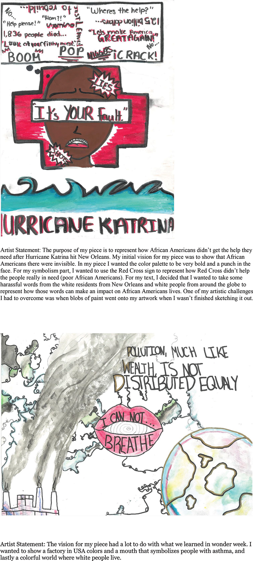  Sample student artwork and artist statements: TOP: one student in the Hurricane Katrina case study group;  BOTTOM: one student in the Asthma case study group 