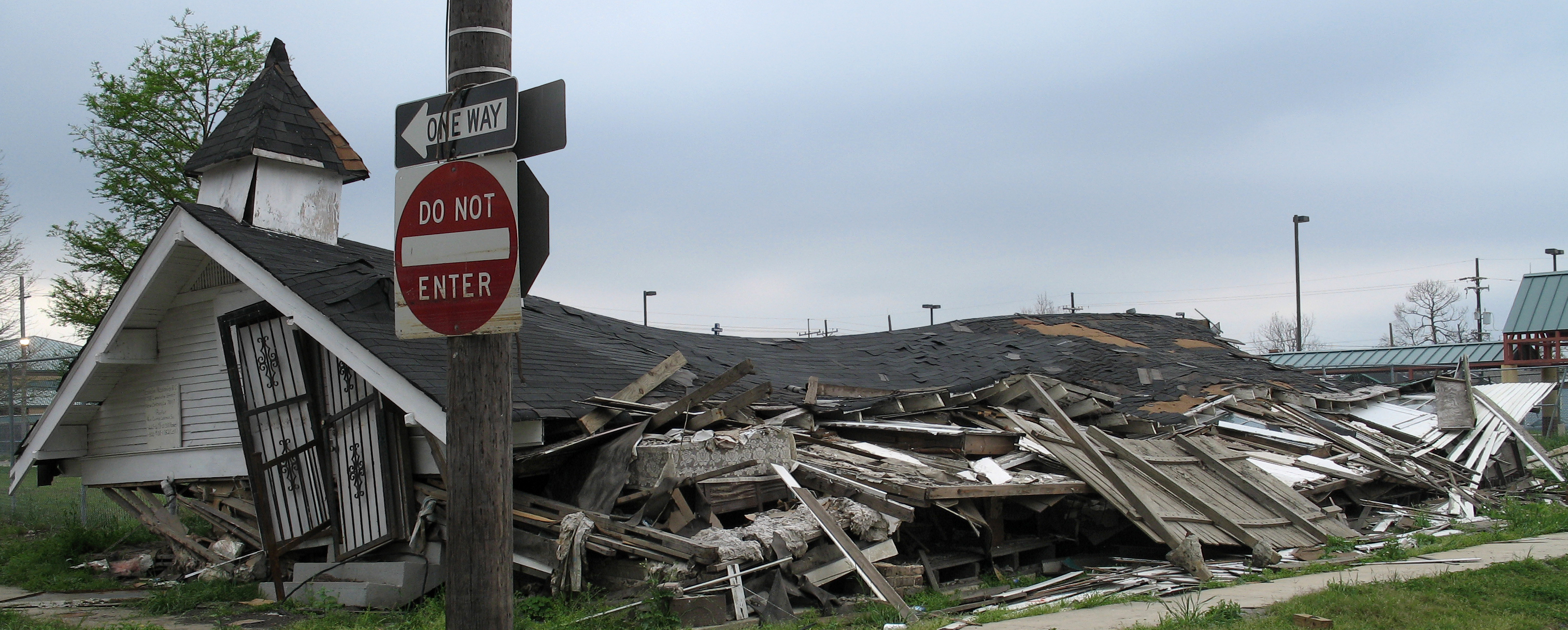Collapsed church sits in the deserted Lower Ninth Ward neighborhood of New Orleans seven months post-Katrina