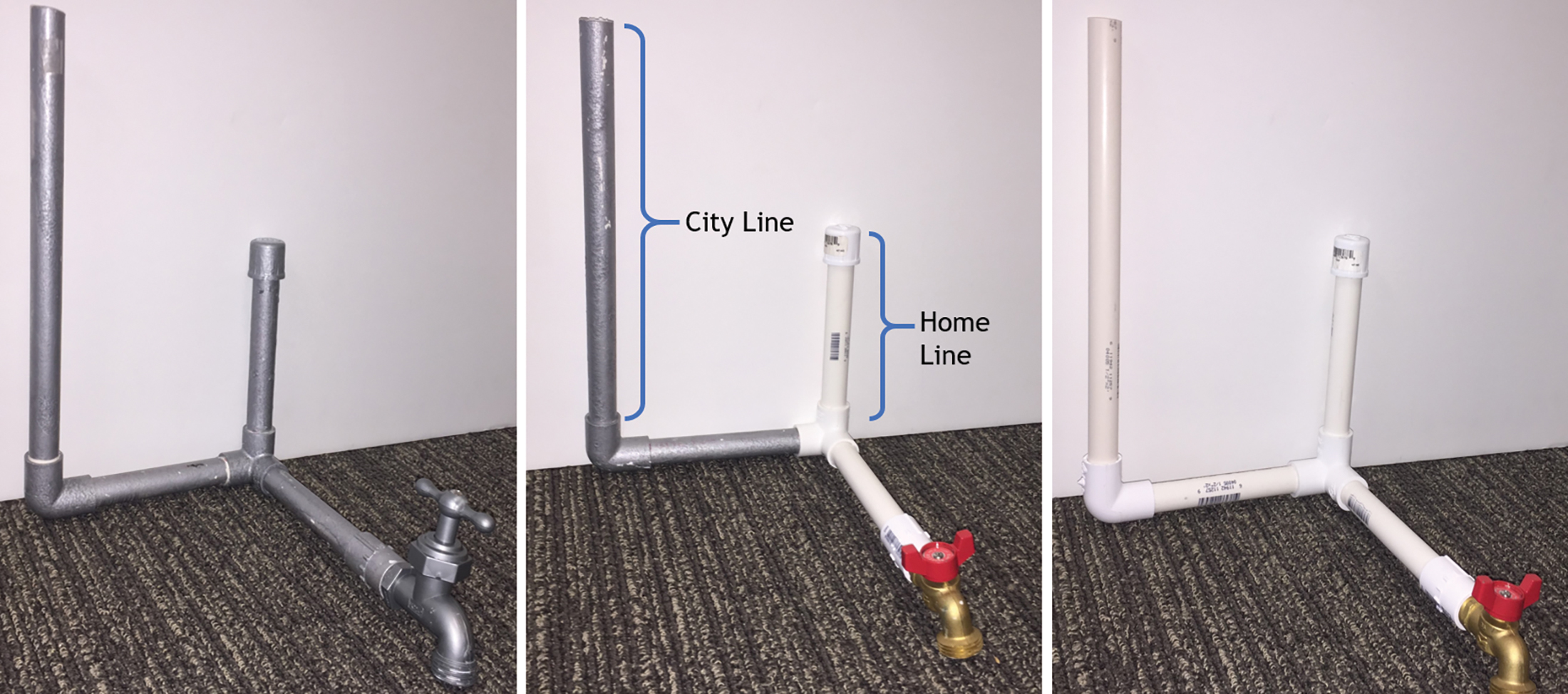 Pipe models left to right: all lead, half lead, and all PVC (gray = lead, white = PVC)