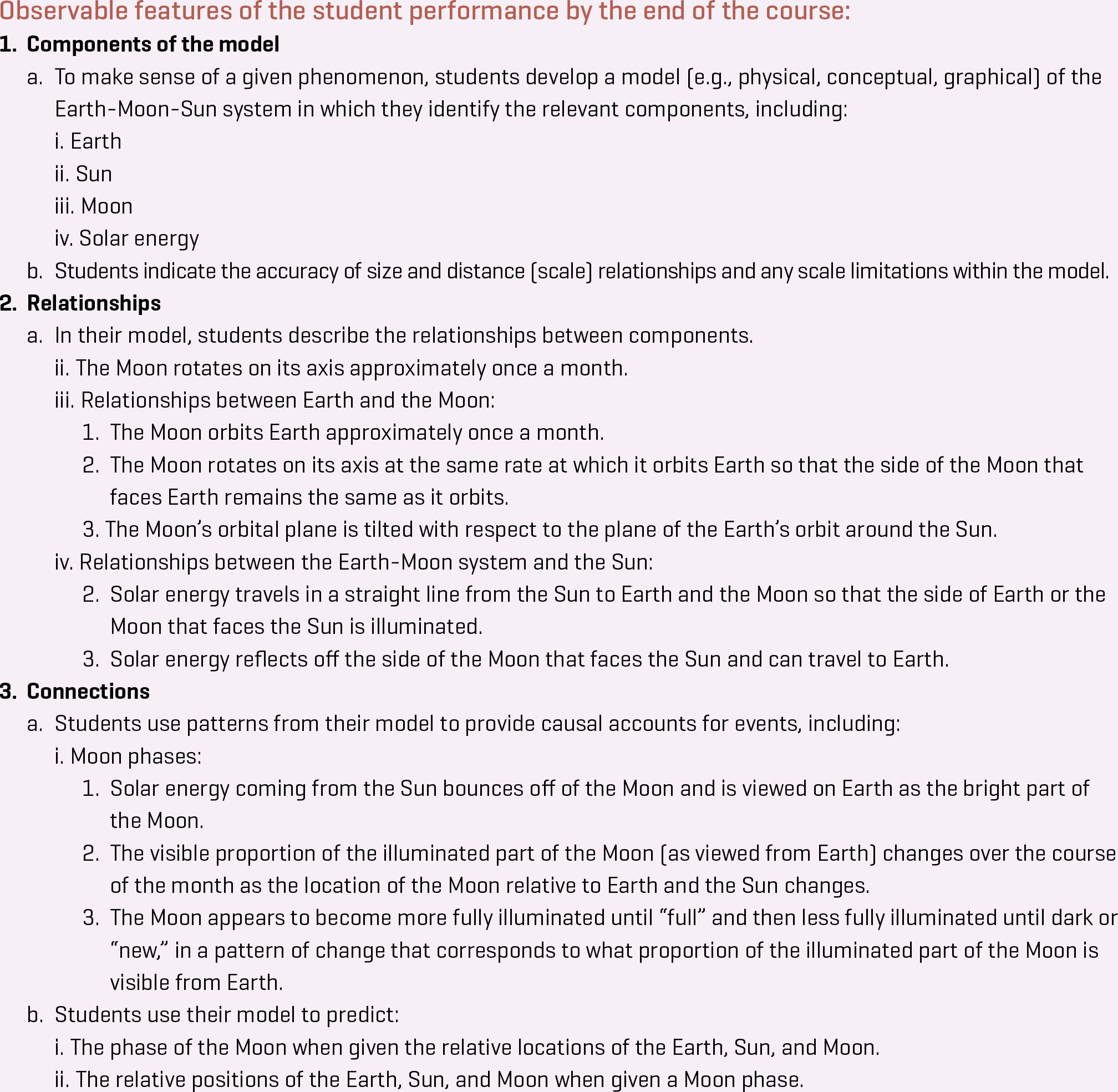 NGSS Evidence Statement for MS-ESS1-1 Related to the Lunar Cycle