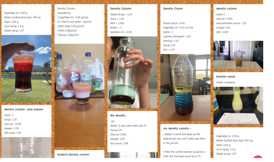 Students created density columns with liquids at home. After taking a picture of the results they uploaded it to a virtual bulletin board tool called Padlet (see Resources). 