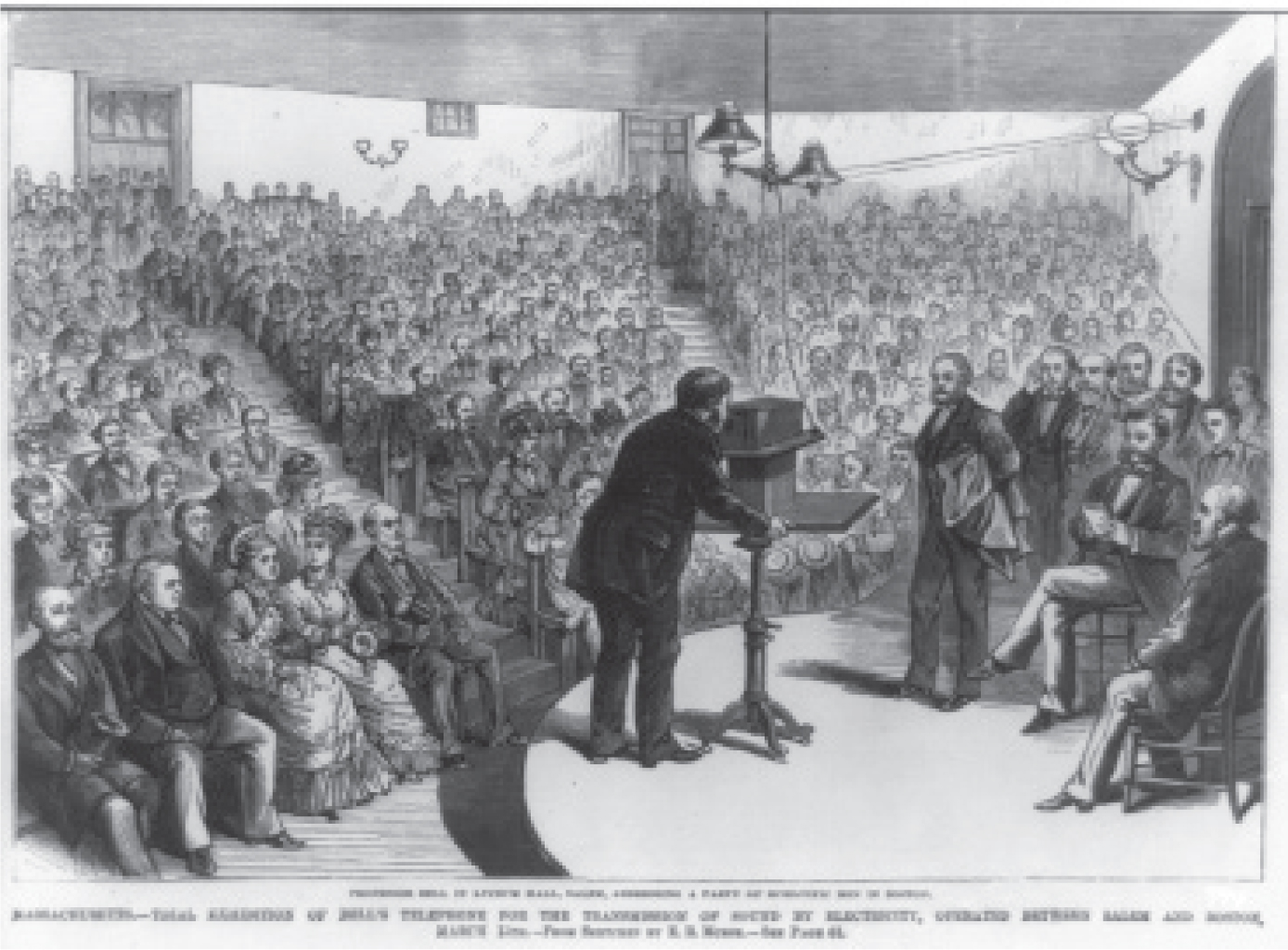 Professor Bell in Lyceum Hall, Salem, addressing a party of scientific men in Boston