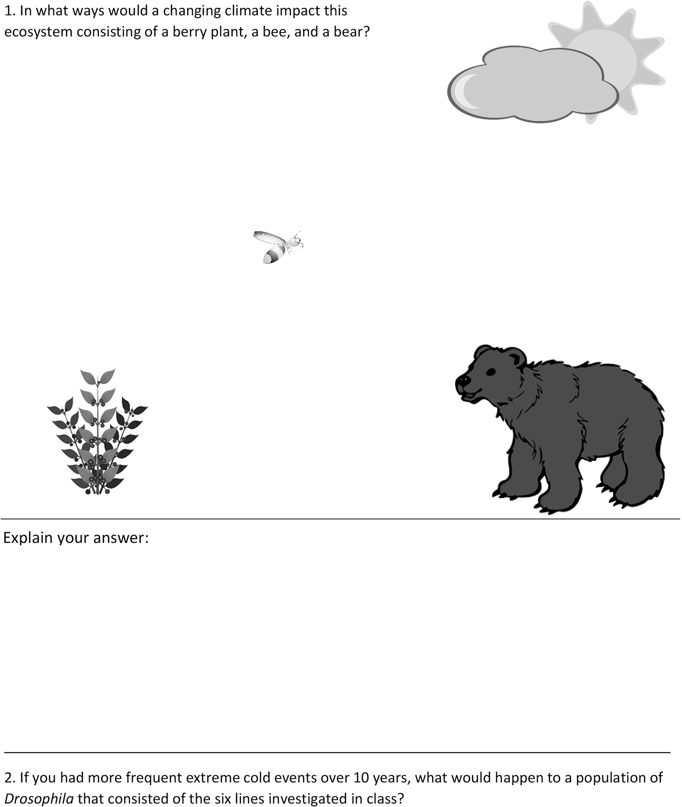 Assessment of student understanding of natural selection in response to climate change. Students first completed Problem 1 in the engage and evaluate portion of the lesson. A week following the lesson, students took an exam that included both Problems 1 and 2.