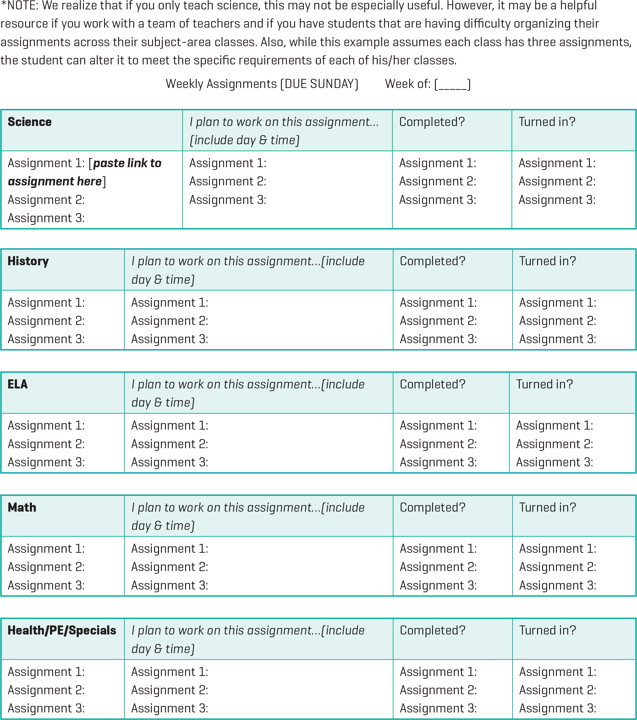 Virtual learning weekly assignment planner.