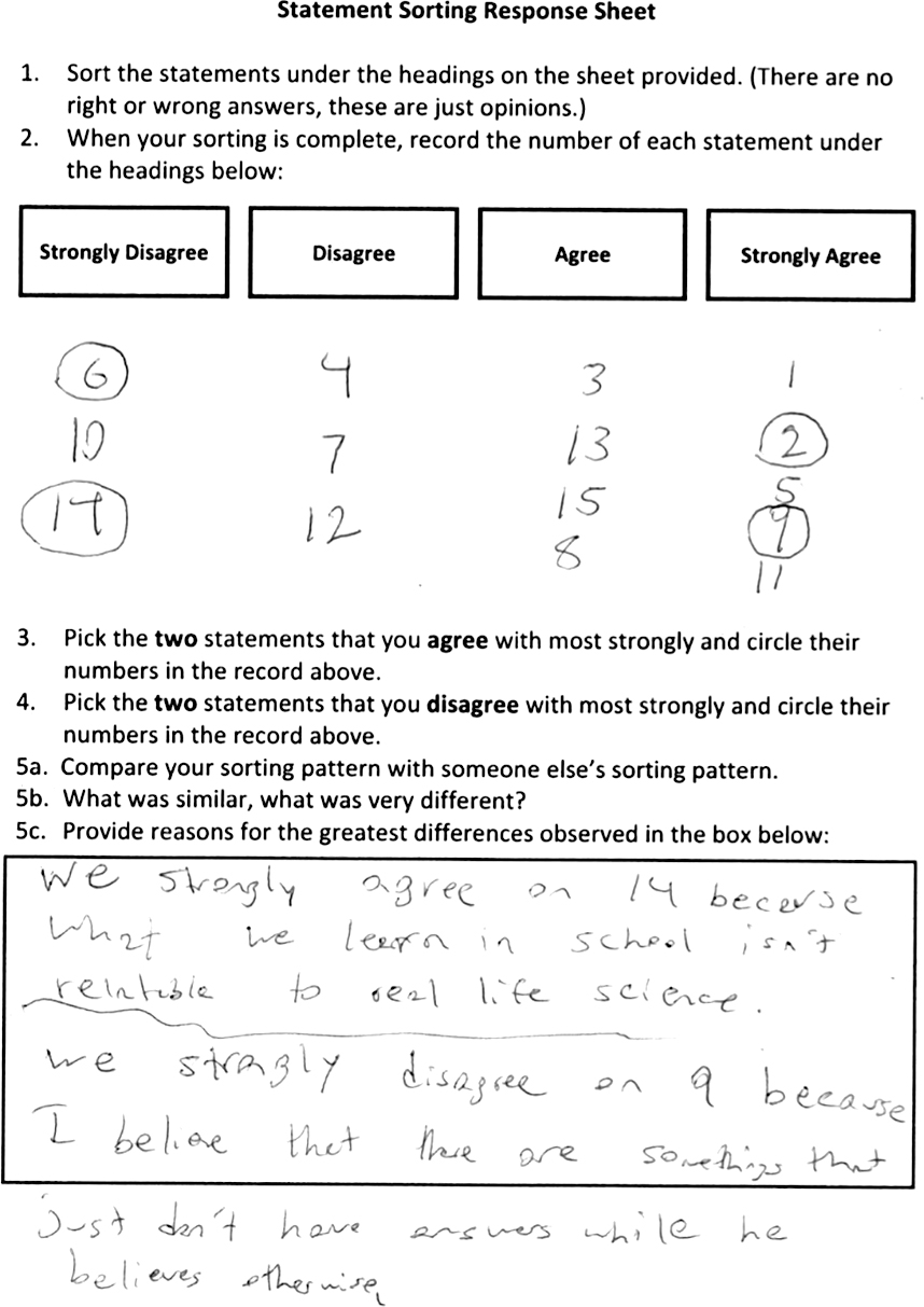 Sample Statement Sorting Response Sheet. 