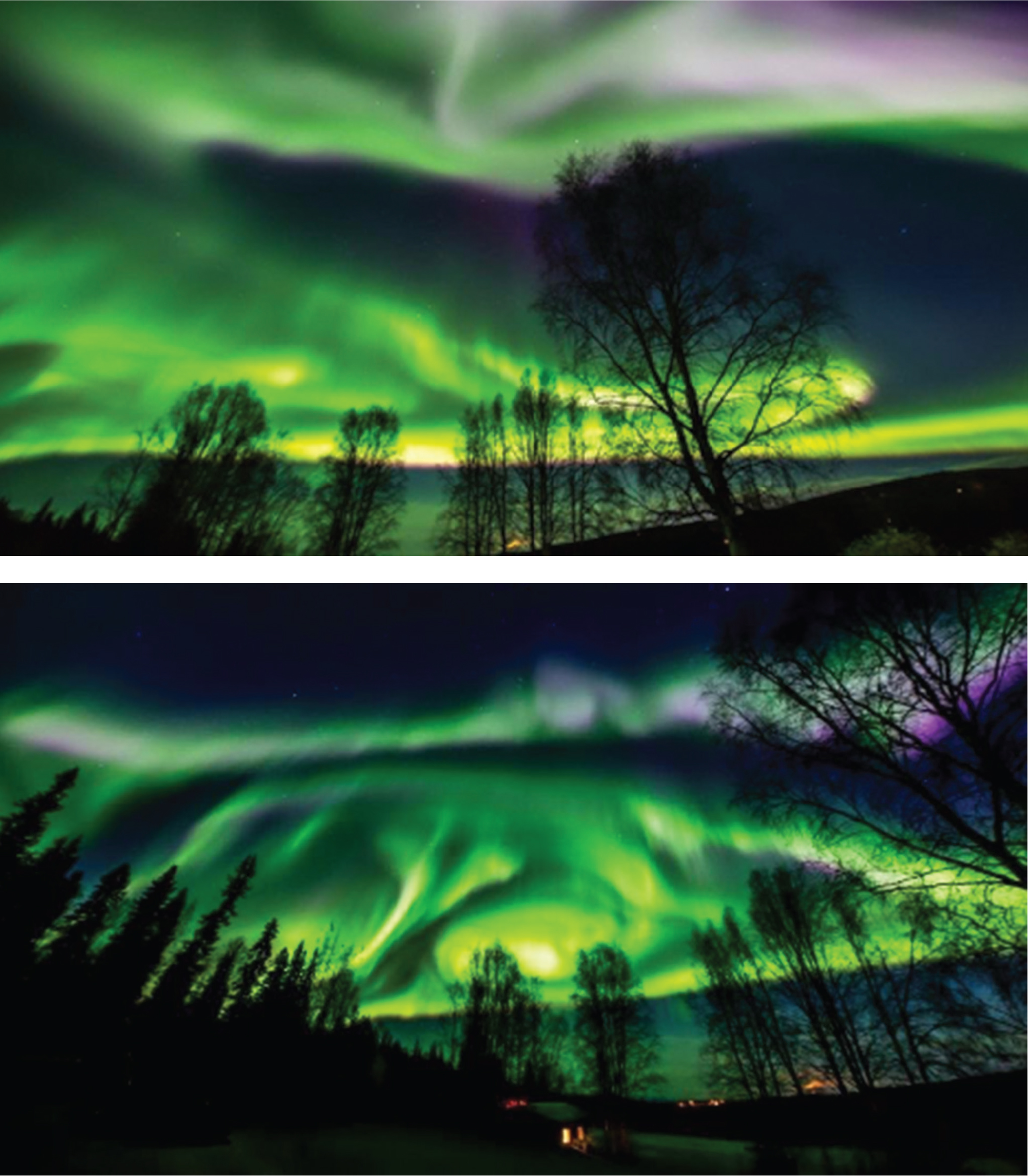 Images of the Aurora Borealis taken September 27, 2017 by Todd Paris. The two images (from the same night) show the variations of shapes and colors of the Aurora displays.