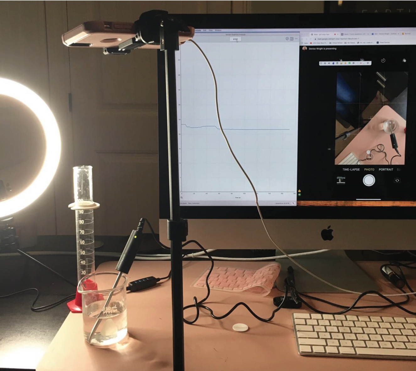 |	Figure 2: A beaker of sodium bicarbonate, water, and a thermometer sensor is placed on screen so students may view their teacher performing the endothermic reaction in real time.