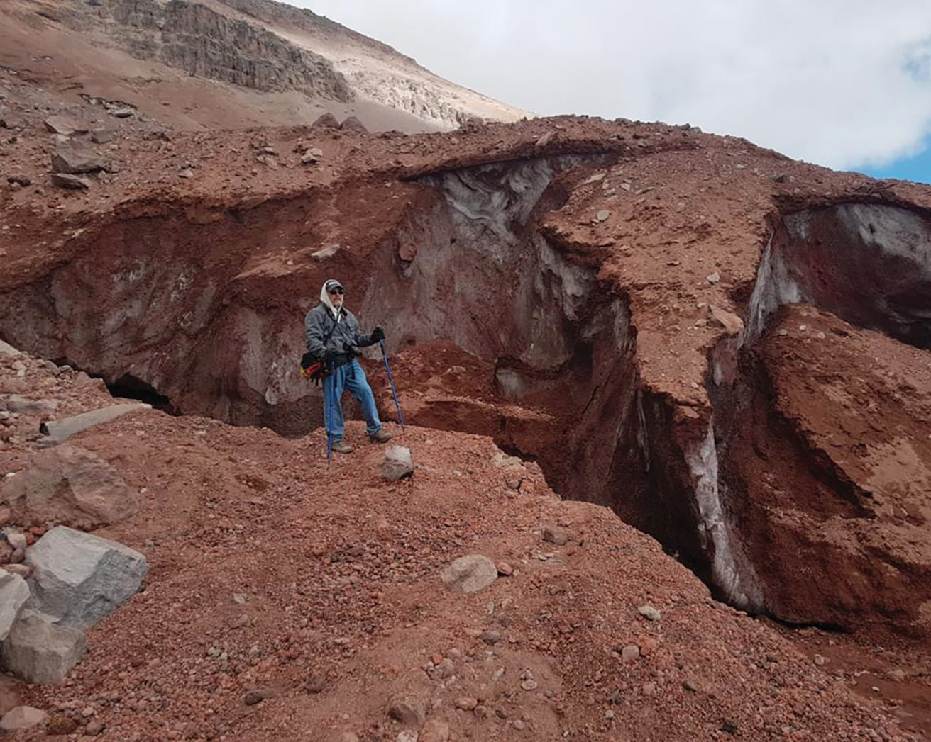 |	Figure 5: Remnants of the receded and buried glacier, elevation 17,120 feet (5,218 m). (Source: John Riddle)