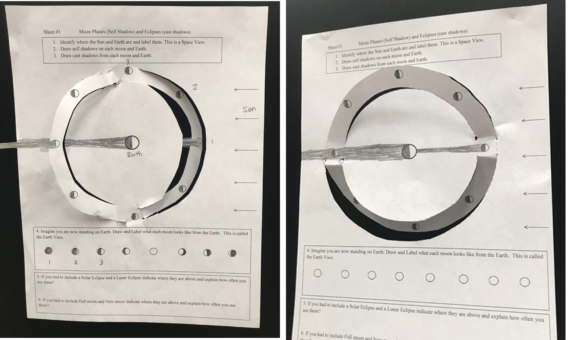 |	FIGURE 6: Student worksheets with lunar phases with self shadows and cast shadows. The plane of the paper is the ecliptic plane. Left: Cuts in paper indicate the Moon’s inclined orbit with no eclipses occurring and gibbous and full Moon above and crescents and new Moon below the ecliptic. Right: The Moon’s inclined orbit with waxing phases above and waning phases below the ecliptic plane. Both solar and lunar eclipses are seen. 