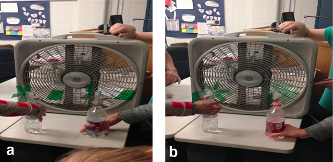 Before (a) and after (b) the fan is turned on: windmill generating wind, which caused the light bulb to turn on.