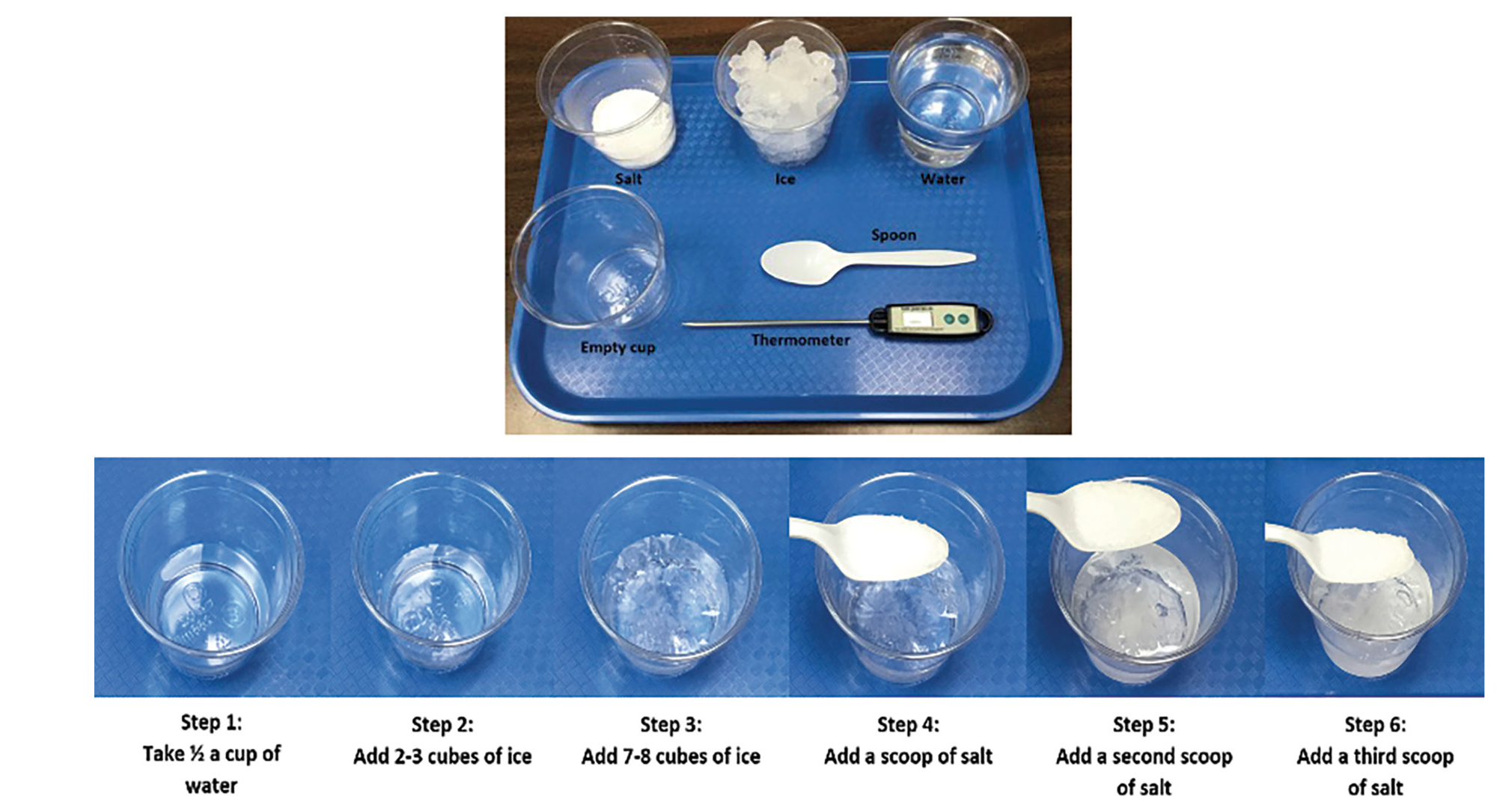 Samples with different combinations of ice and salt to produce different temperatures. The last cup on the right side is a water sample with a digital thermometer.