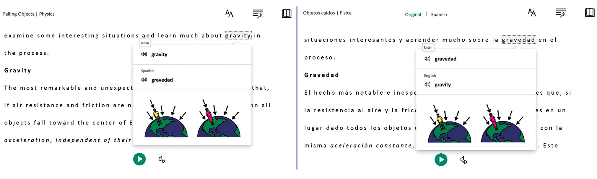 |	Figure 2: Screenshots of the OneNote Immersive Reader showing multiple levels of language support. 