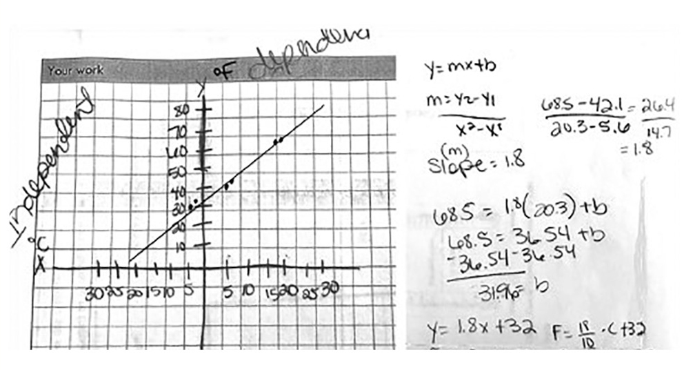 Sample graph and algebraic calculations generated by the students.