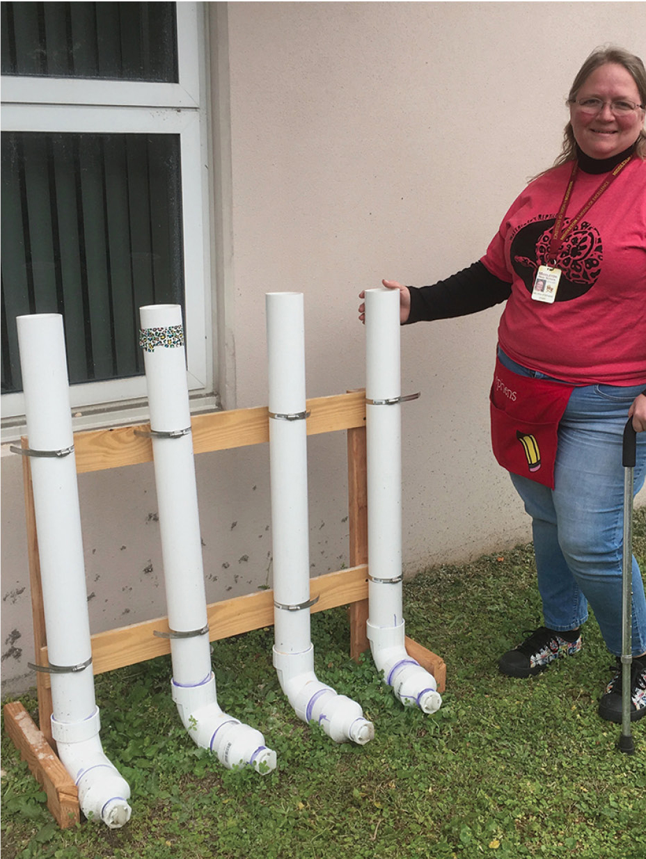 One of the participating teachers with the BSFs her students built fixed to a wood frame.