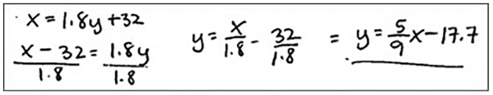 Student work sample showing the equation of the inverse function in an algebraic way.