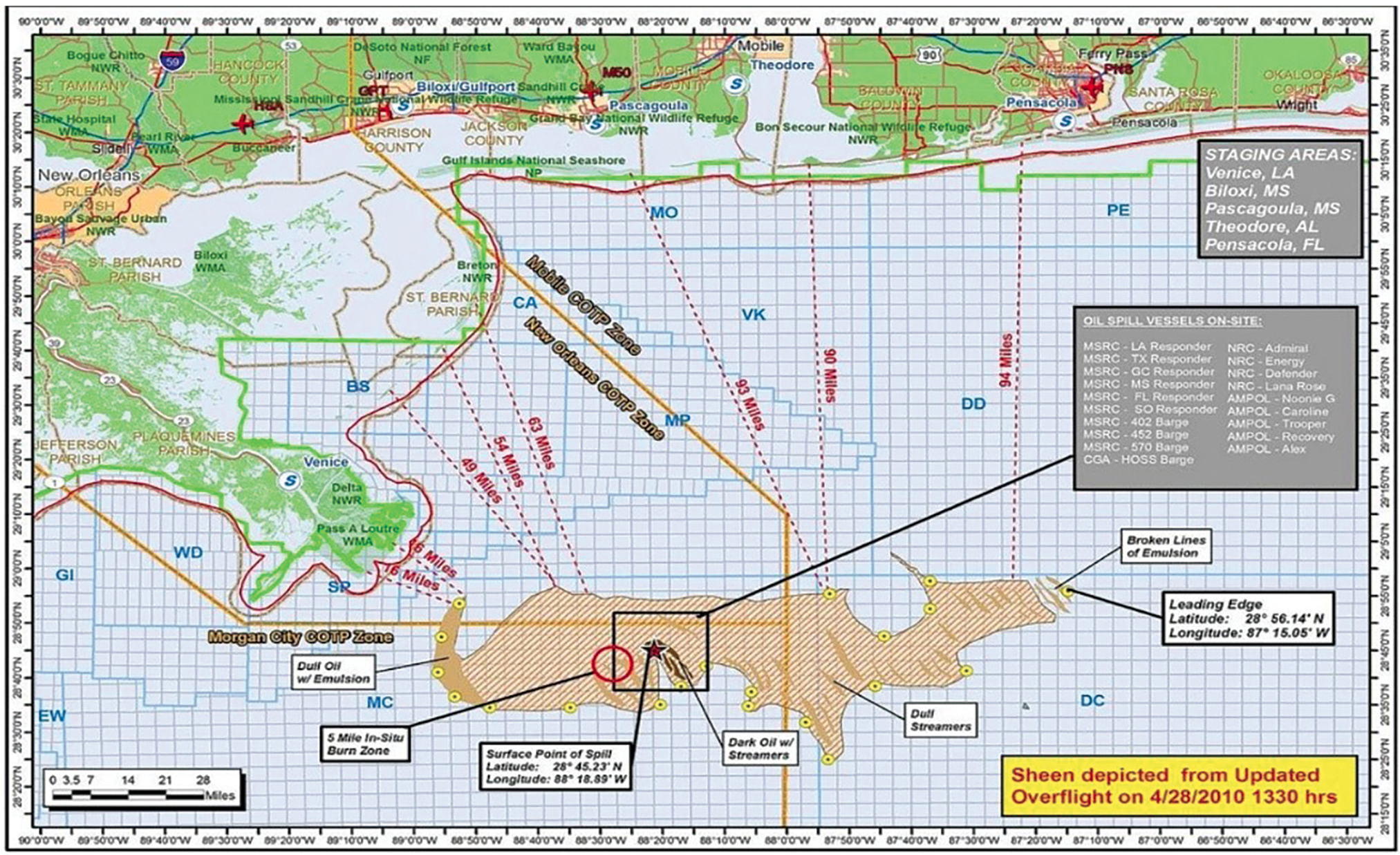 Color map image of the BP spill. Map shows location and extent of the Deepwater Horizon oil spill in the Gulf of Mexico. Star indicates location of broken wellhead. 