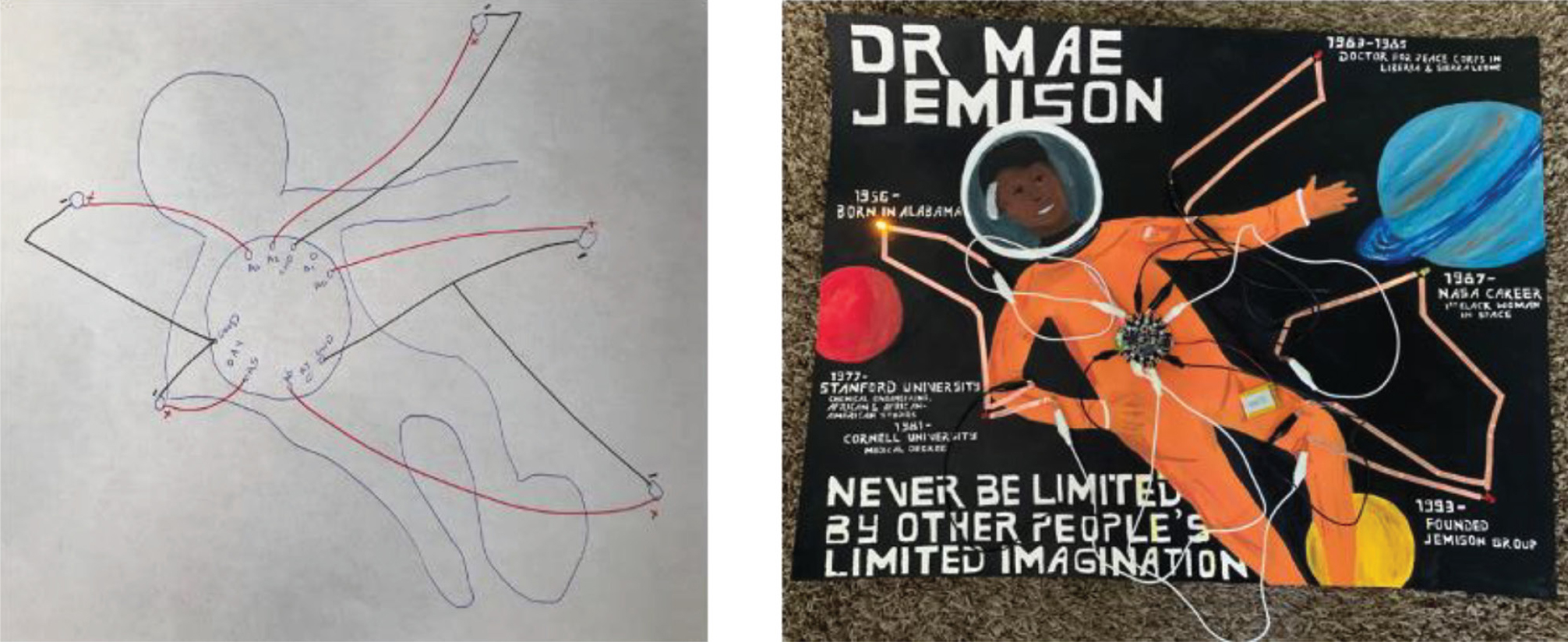 Left: circuitry diagram clearly distinguishing between positive and negatives lines. Right: completed Mae Jamison timeline with the LEDs programmed to light up in sequence.