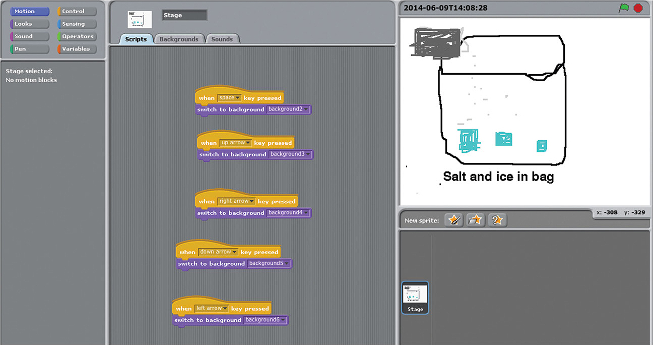 Digital animation depicting phase changes involved in making ice cream. Note this was programmed in a test-version of Scratch, so the interface varies slightly.