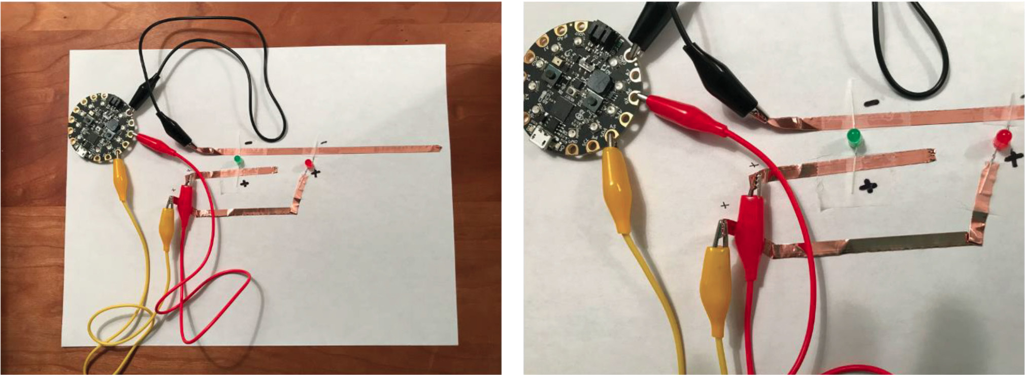 Left: one possible microcontroller that could be used for this project—the Circuit Playground Express by Adafruit. Right: lines of copper tape attached to the microcontroller using alligator clips.