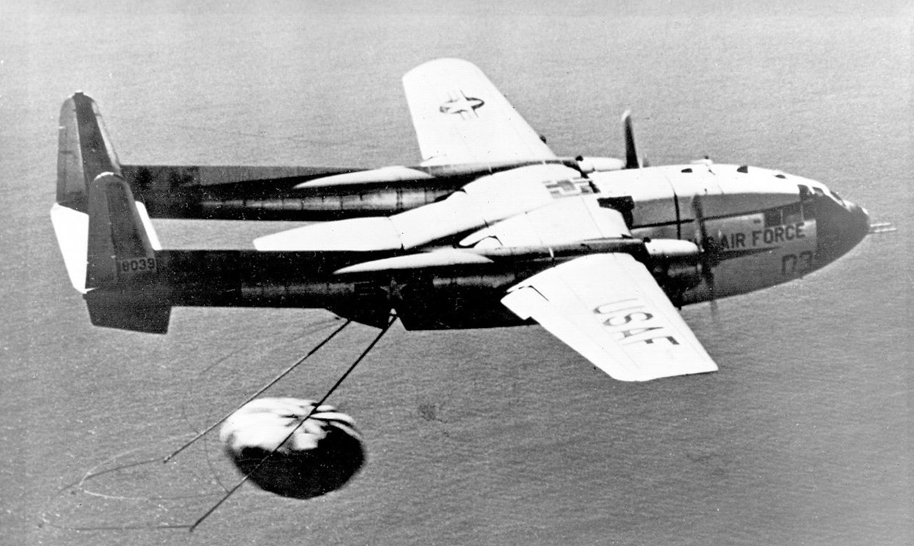 Fairchild C-119J Flying Boxcar recovers CORONA capsule.   