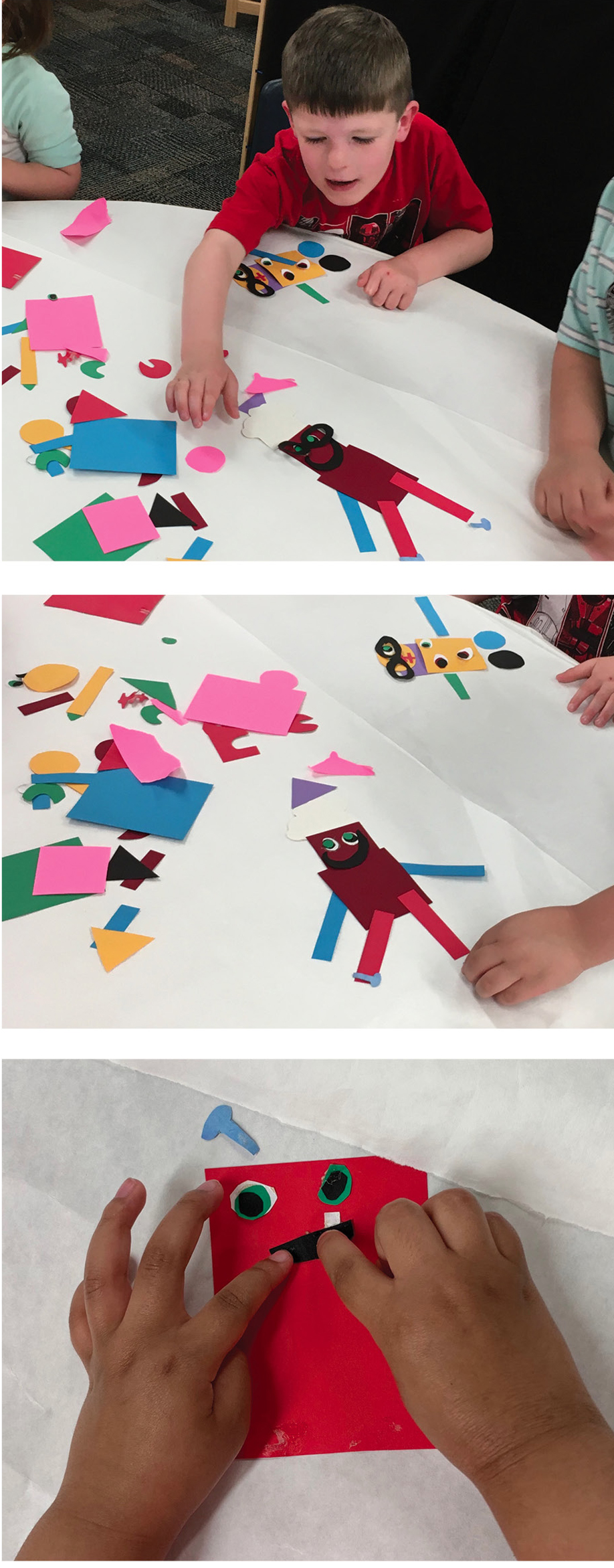 Children assemble robots out of cut-out shapes.