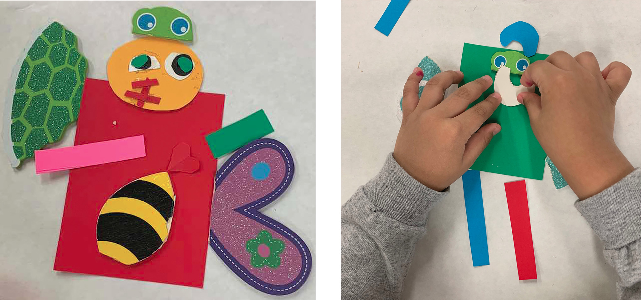 One child assembled a robot with wings so it can fly (left) and another a robot with turtle-eyes and insect-wings (right).