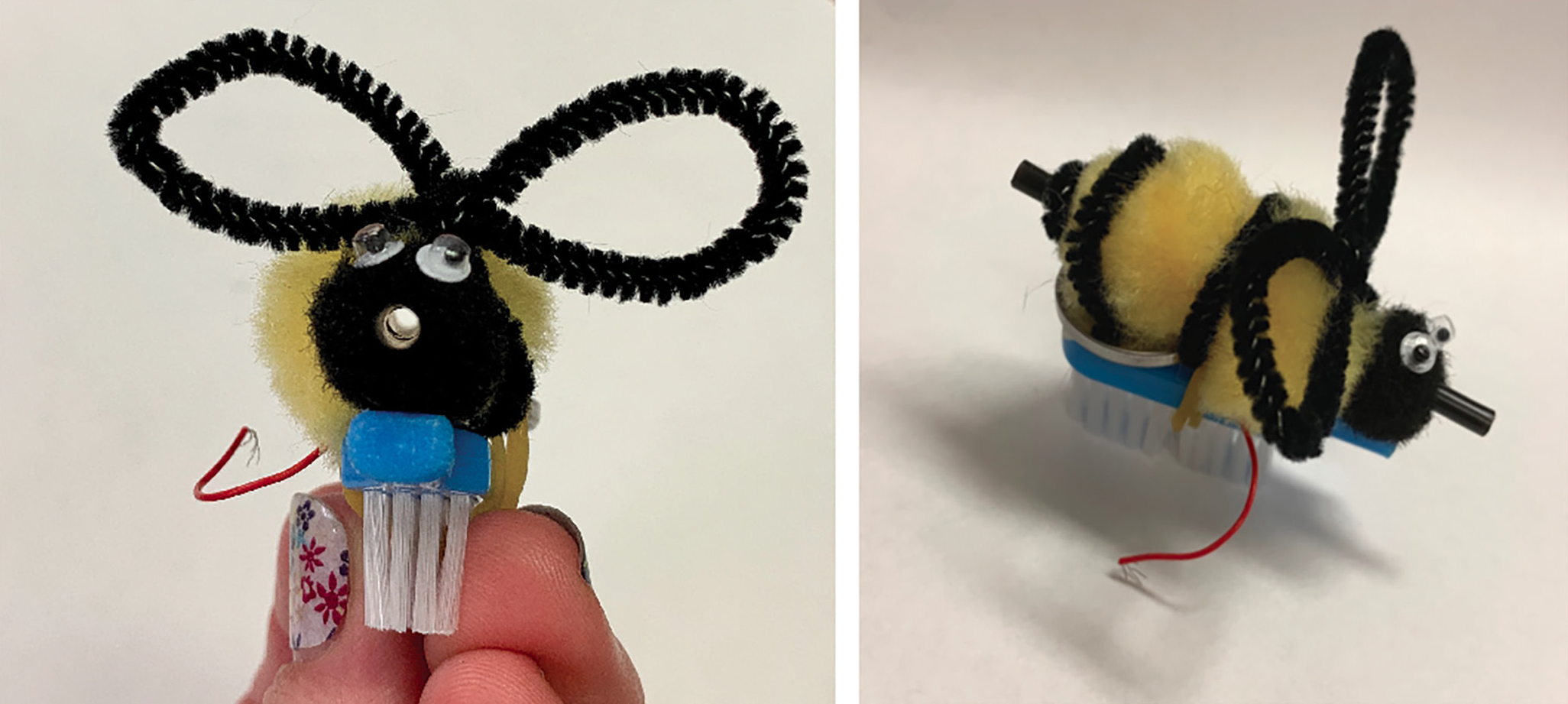 Finished bee bot; view of body pierced with coffee straw and side view.