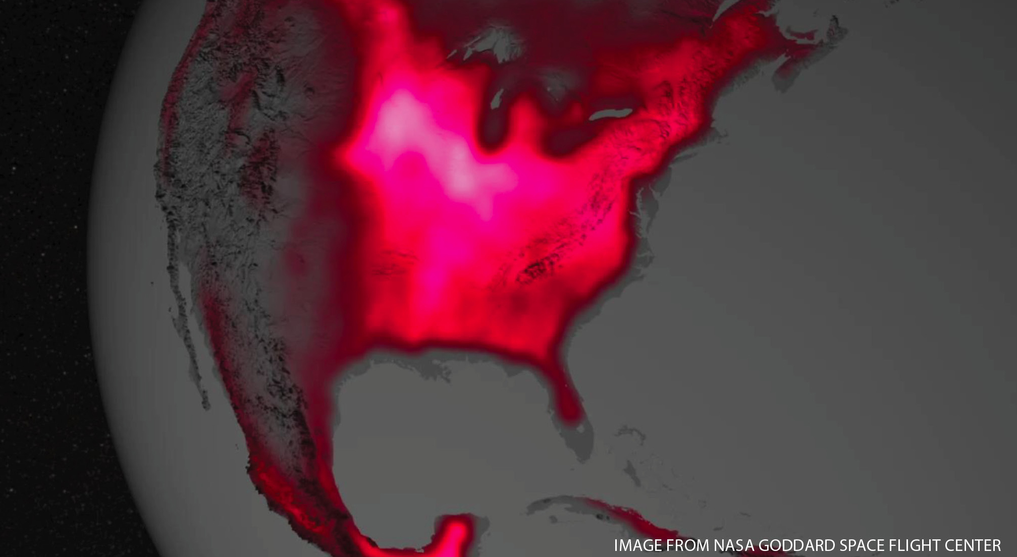 An image of solar-induced fluorescence (SIF) across much of North America from 2007 to 2011. SIF is often used as a measure of carbon fixation and crop health. 