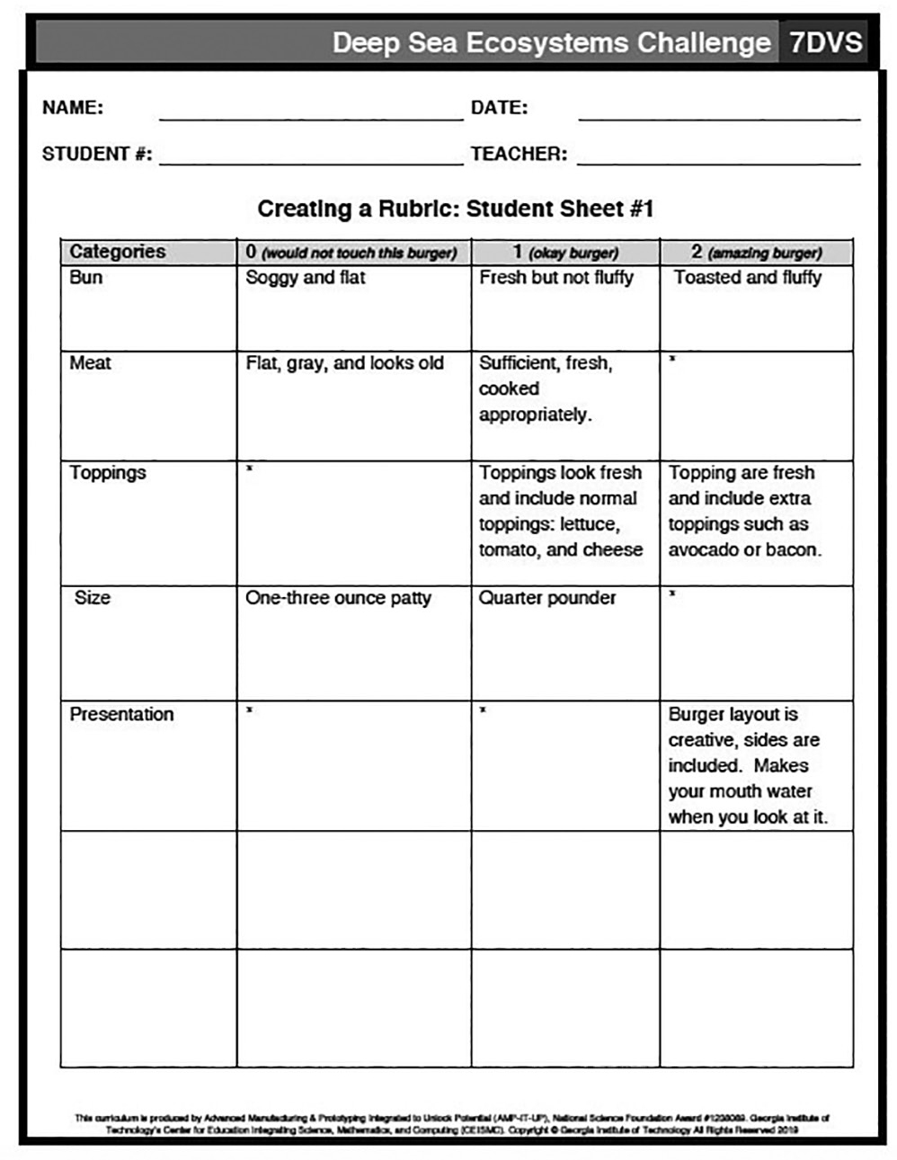 Student worksheet with scaffolded rubric for analyzing hamburger images.