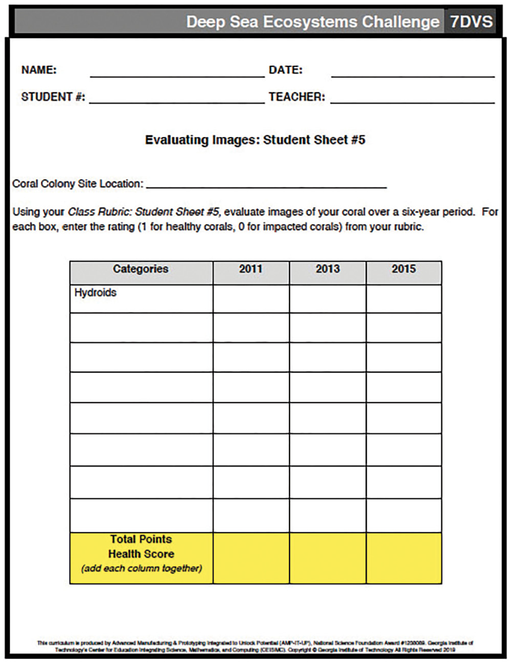 Student worksheet for evaluating images of coral and determining health scores.