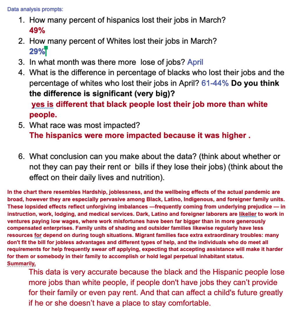 Sample student analysis of financial inequities data.