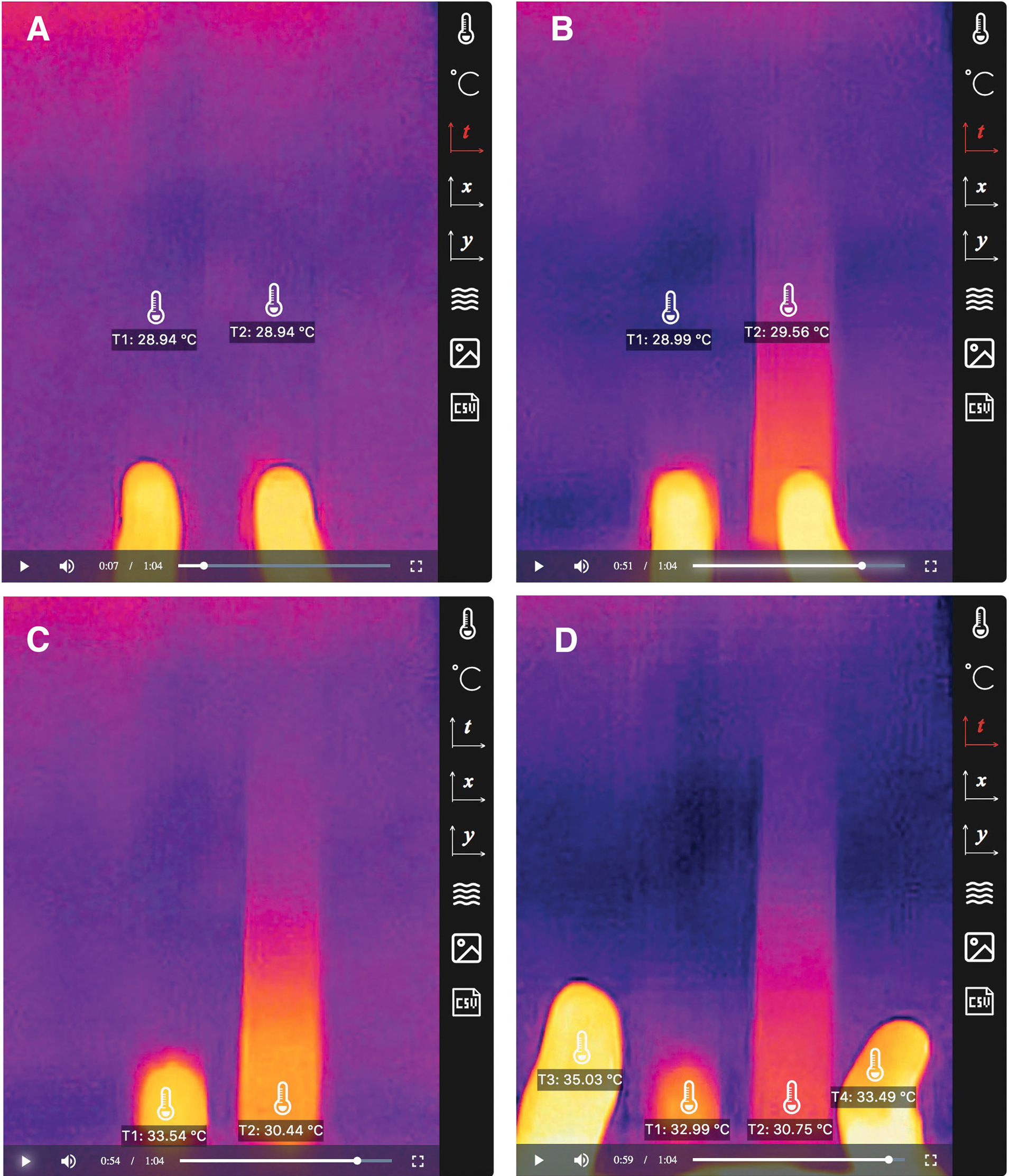 A set of IR images at different times during the thermal conduction experiment showing that (a) the two rulers have the same initial temperature; (b) heat dissipates faster through the metallic ruler after being touched by the thumb; (c) the contact area on the wooden ruler has a higher temperature;  (d) the thumb that has touched the metallic ruler has a lower temperature.